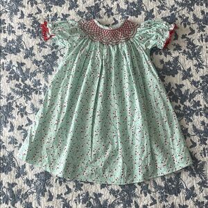 THREE SISTERS | Holly Berry Smocked Dress with Red Ribbon Accents - Size: 2T